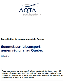 Sommet sur le transport aérien régional au Québec - MÉMOIRE AQTA 